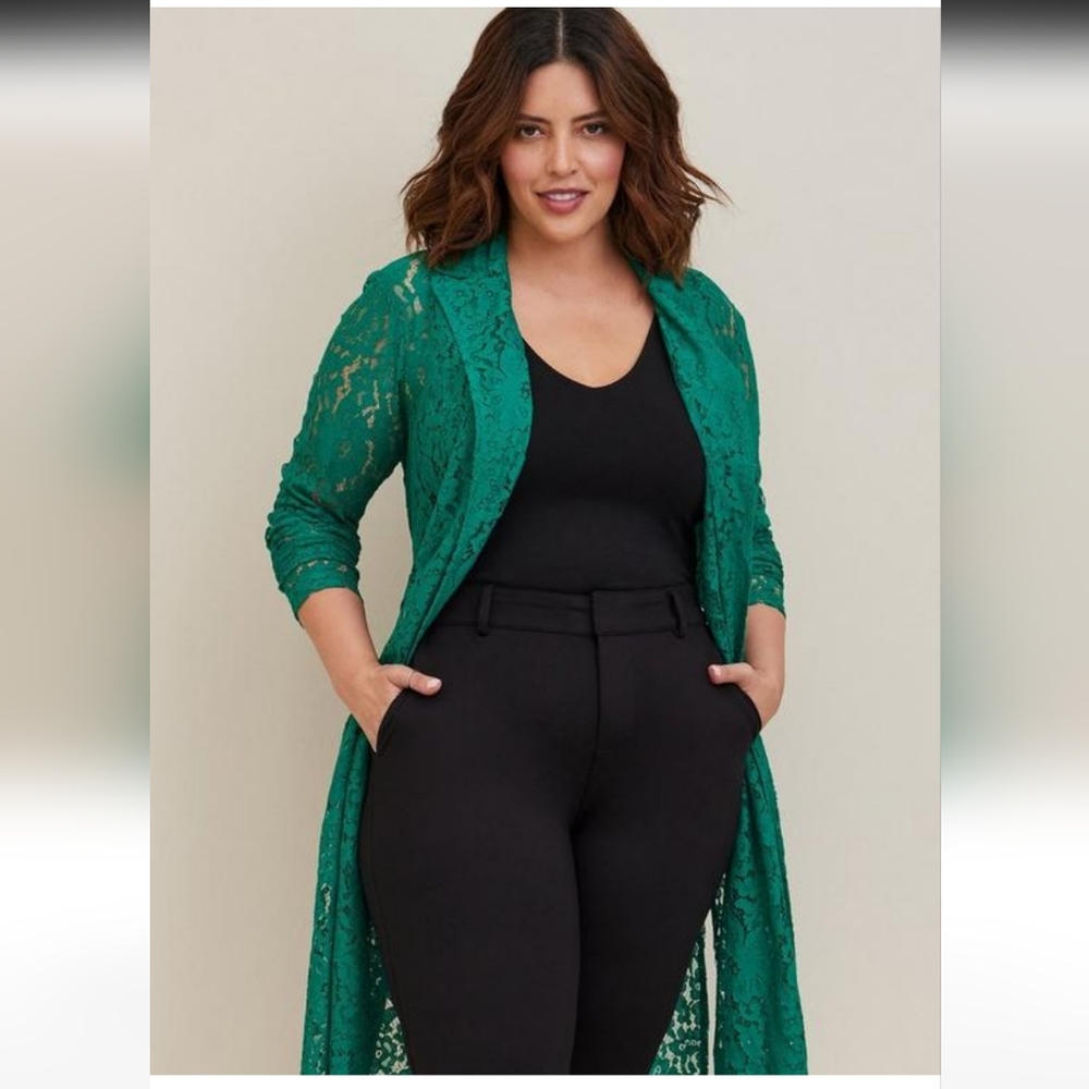 Emerald knee-length lace trenchcoat TORRID